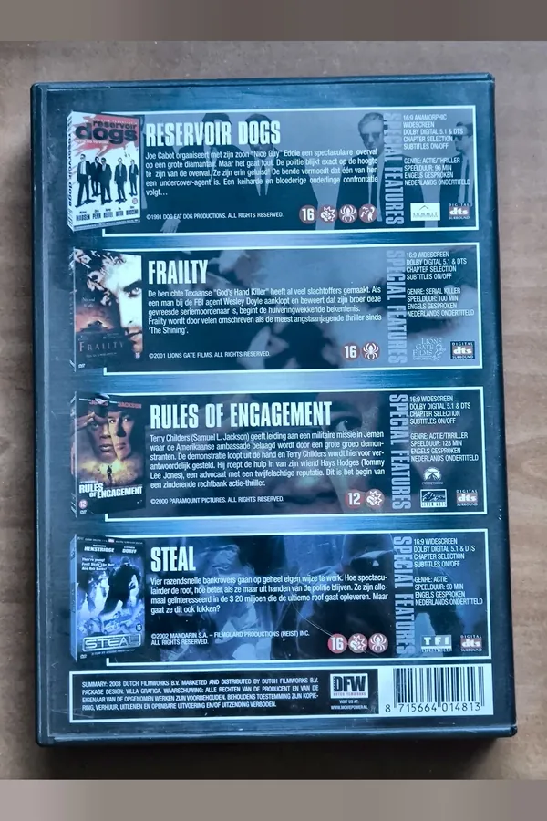 Reservoir Dogs | Frailty | Rules of Engagement | Riders – achterkant